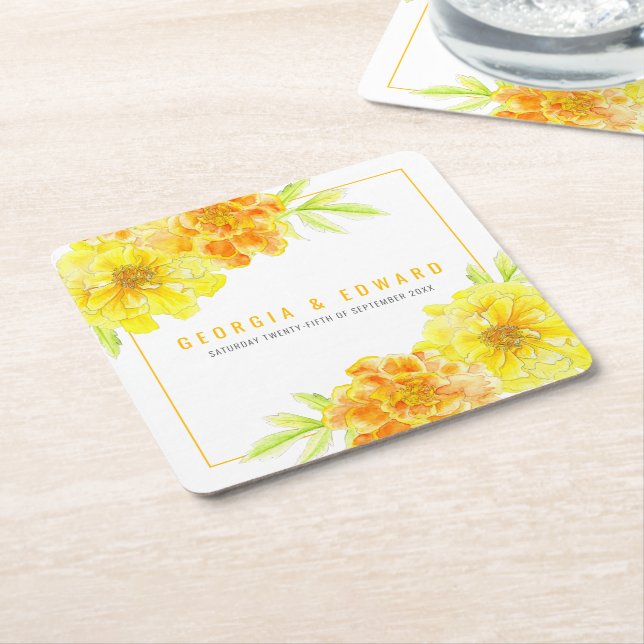 Yellow marigold watercolor flower wedding square paper coaster (Angled)