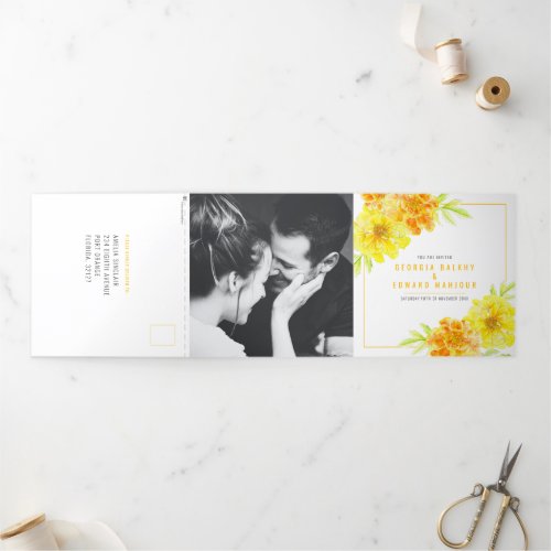 Yellow marigold watercolor flowers wedding Tri_Fold invitation