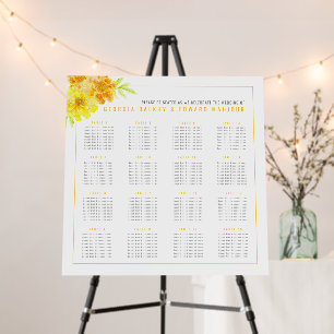 Yellow marigold wedding 16 table seating chart foam board