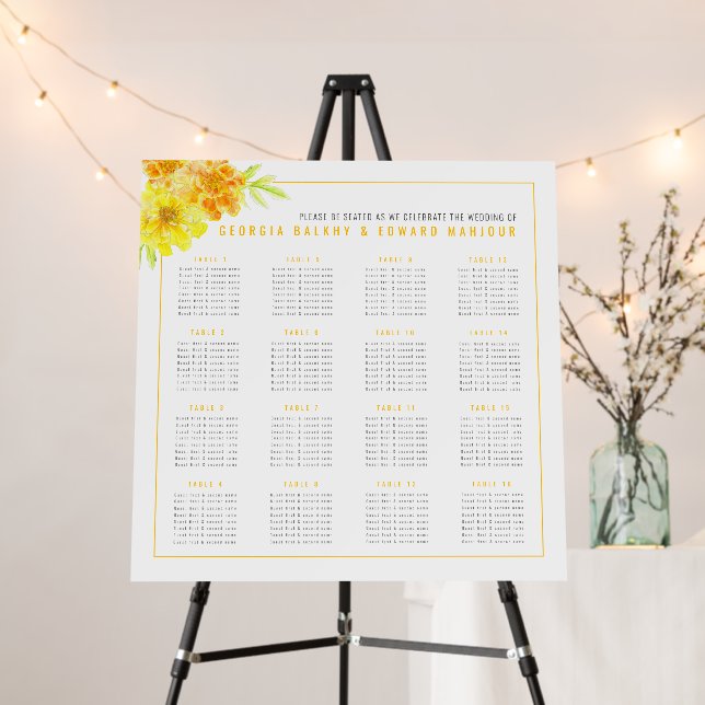 Yellow marigold wedding 16 table seating chart foam board (In Situ (Stand))