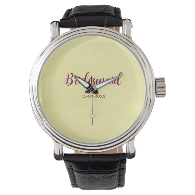 Yellow maroon bridesmaid name date stylish bride t watch (Front)