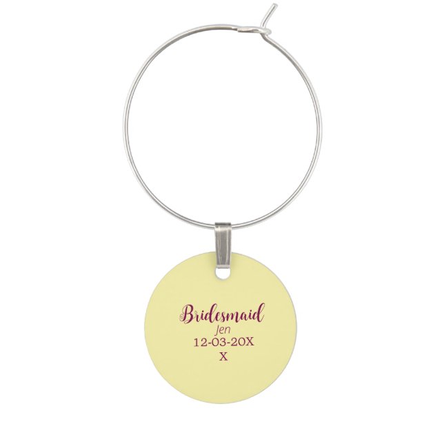 Yellow maroon bridesmaid name date stylish bride t wine charm (Front)
