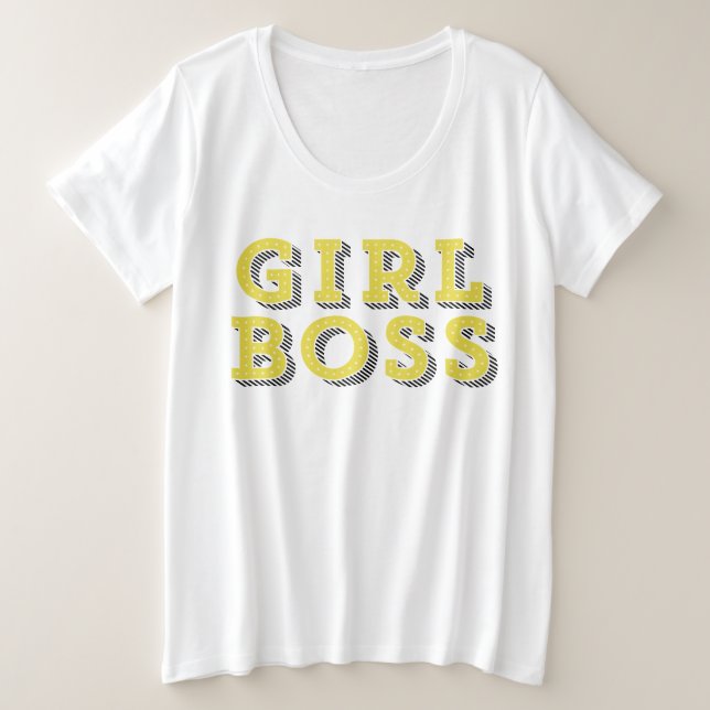 Yellow Marquee Typography Girl Boss Statement Plus Size T-Shirt (Design Front)