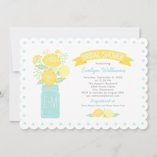 Yellow Mason Jar Monogram Wedding Bridal Shower Invitation (Front)