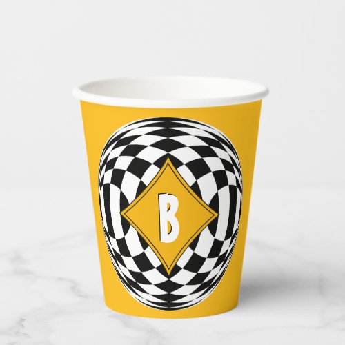 Yellow Medallion Over Black and White Diamonds  Paper Cups