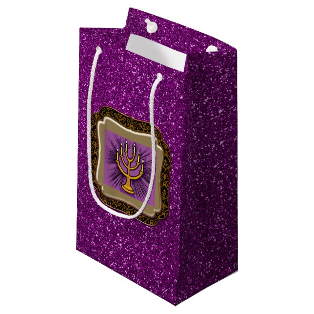 Yellow Menorah Frame Purple Faux Glitter Small Gift Bag (Front Angled)