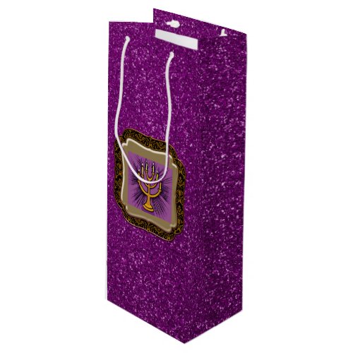 Yellow Menorah Frame Purple Faux Glitter Wine Gift Bag