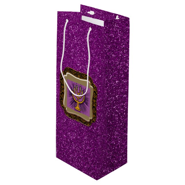Yellow Menorah Frame Purple Faux Glitter Wine Gift Bag (Front Angled)