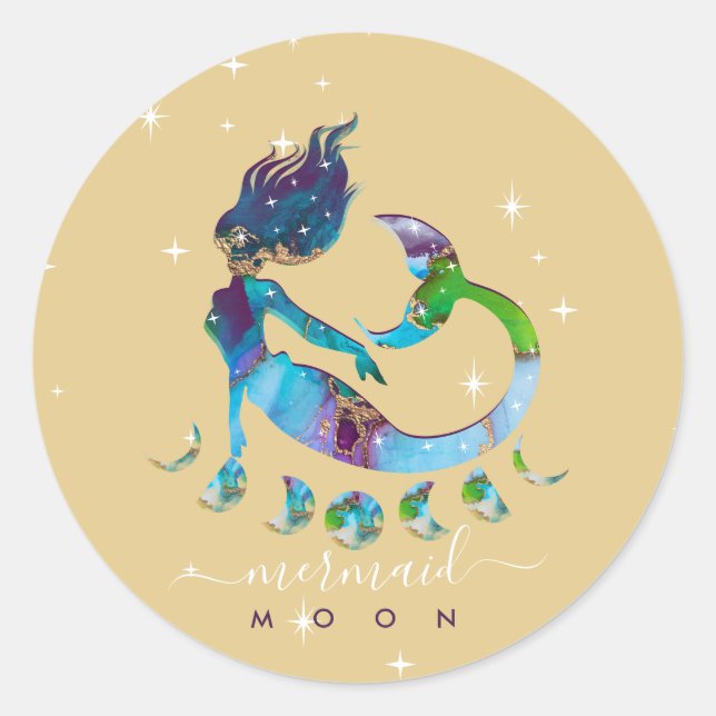 Yellow Mermaid moon spiritual zodiac instruction Classic Round Sticker (Front)