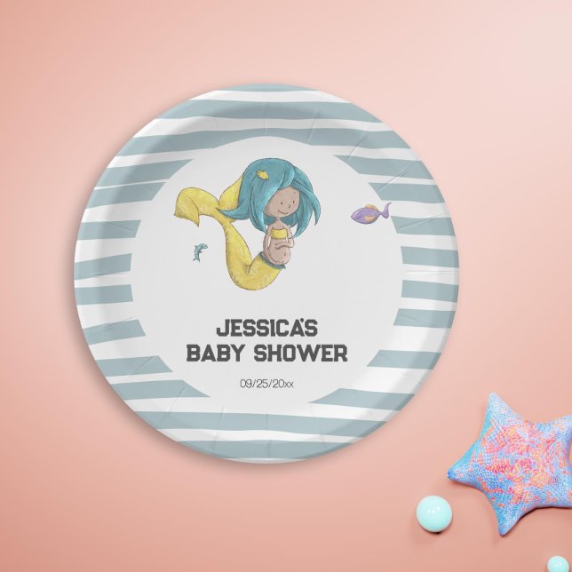 Yellow Mermaid Tail Pregnant Mermaid Baby shower Paper Plates (Cute Pregnant Mermaid Baby Shower Party Paper Plates by Kinda Cute by Patricia Alvarez)