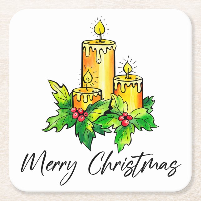 Yellow Merry Christmas And Happy New Year Square Paper Coaster (Front)