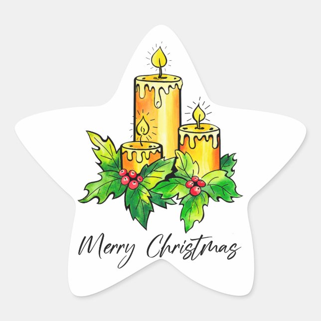 Yellow Merry Christmas And Happy New Year Star Sticker (Front)