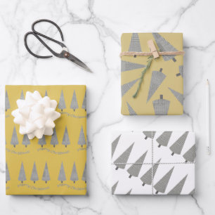 Yellow Merry Christmas Houndstooth Tree Pattern Wrapping Paper Sheets