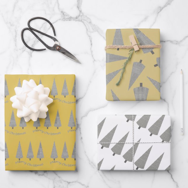Yellow Merry Christmas Houndstooth Tree Pattern Wrapping Paper Sheets (Front)