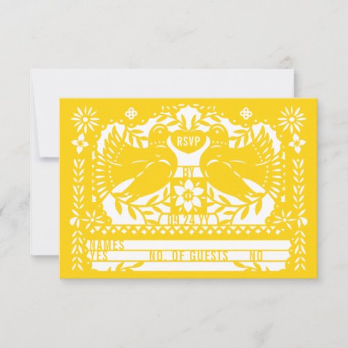 Yellow Mexican Fantail Doves Papel Picado RSVP Invitation