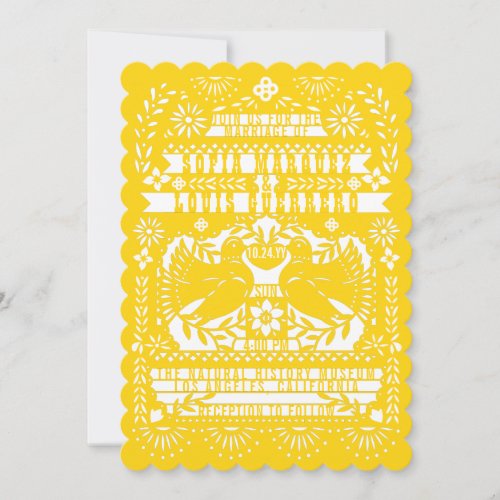 Yellow Mexican Fantail Doves Papel Picado Wedding Invitation