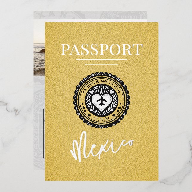 Yellow Mexico Passport Wedding Foil Invitation (Front/Back)