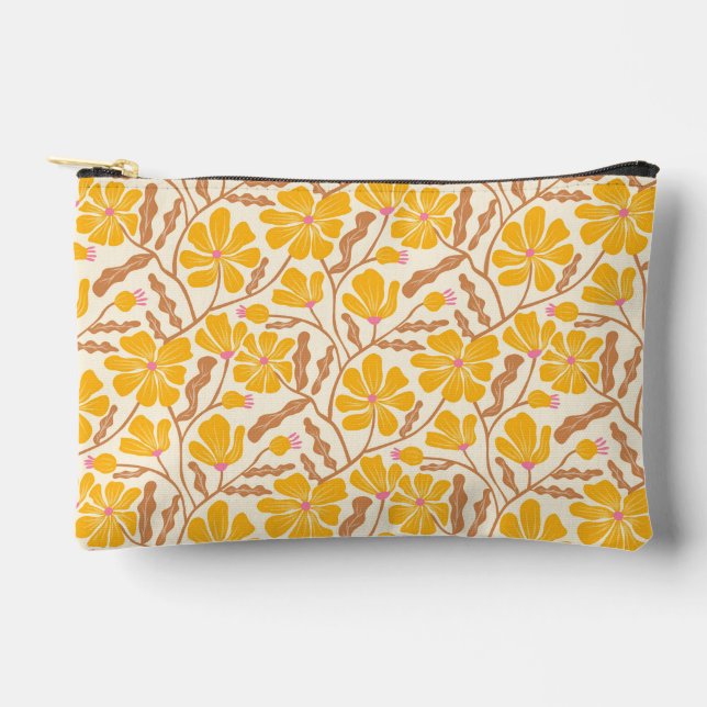 Yellow Mid-Century Modern Floral Pattern Accessory Pouch (Front)