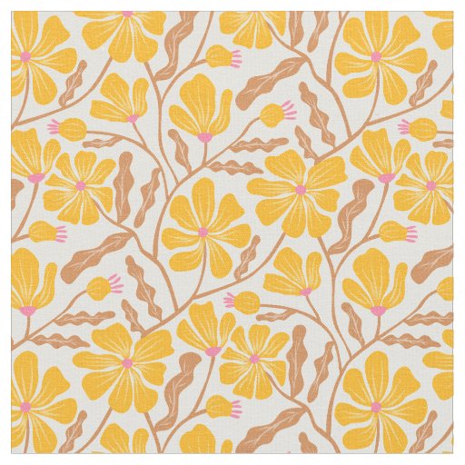 Yellow Mid Century Modern Floral Pattern Fabric