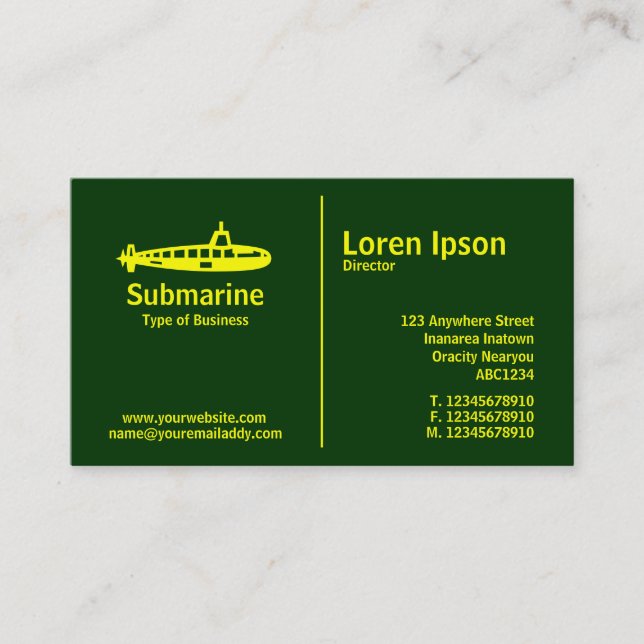 Yellow Middle Rule - Submarine - Dark Green Business Card (Front)