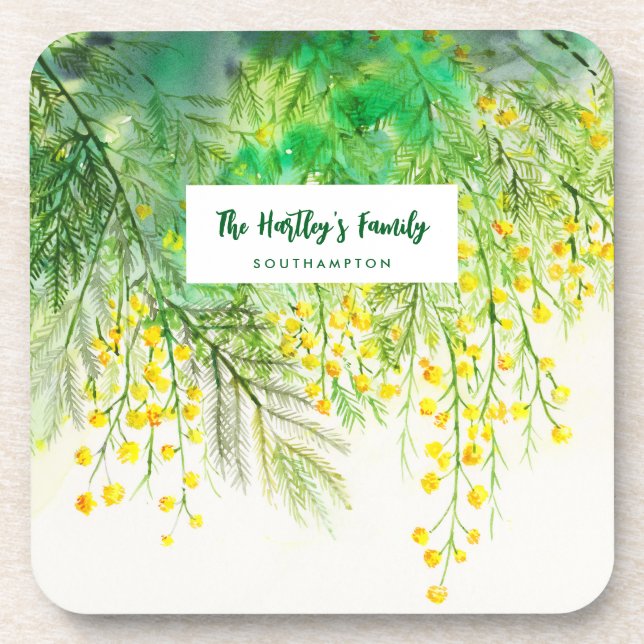 Yellow Mimosa Floral Watercolor Painting Beverage Coaster (Front)