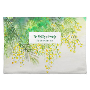 Yellow Mimosa Floral Watercolor Painting Cloth Placemat