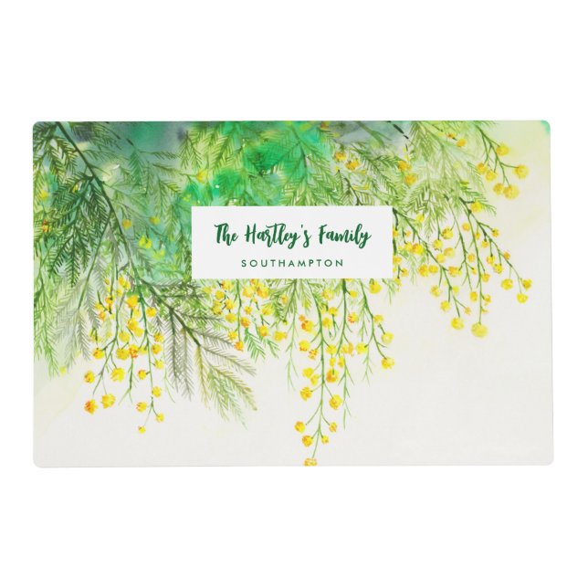 Yellow Mimosa Floral Watercolor Painting Placemat (Front)