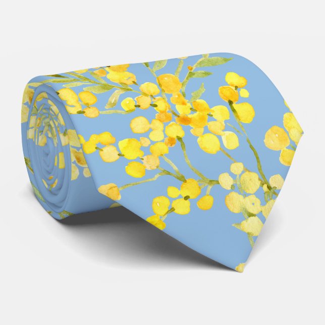 Yellow mimosa flowers on blue neck tie (Rolled)