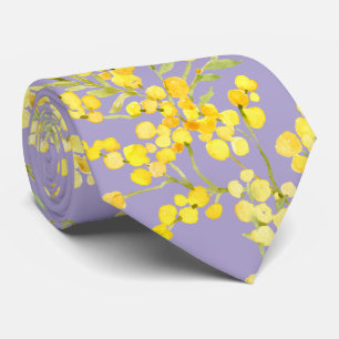 Yellow mimosa flowers on lavender neck tie