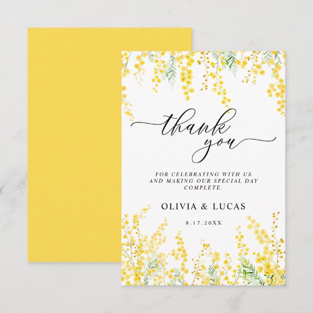 Yellow Mimosa Rustic Golden Floral Spring Wedding Thank You Card (Front/Back)