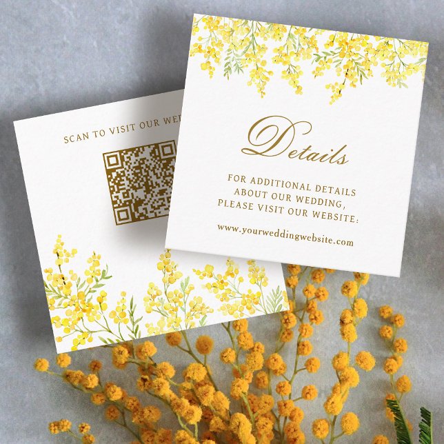 Yellow Mimosa Wedding Details Website QR Code Enclosure Card (Creator Uploaded)