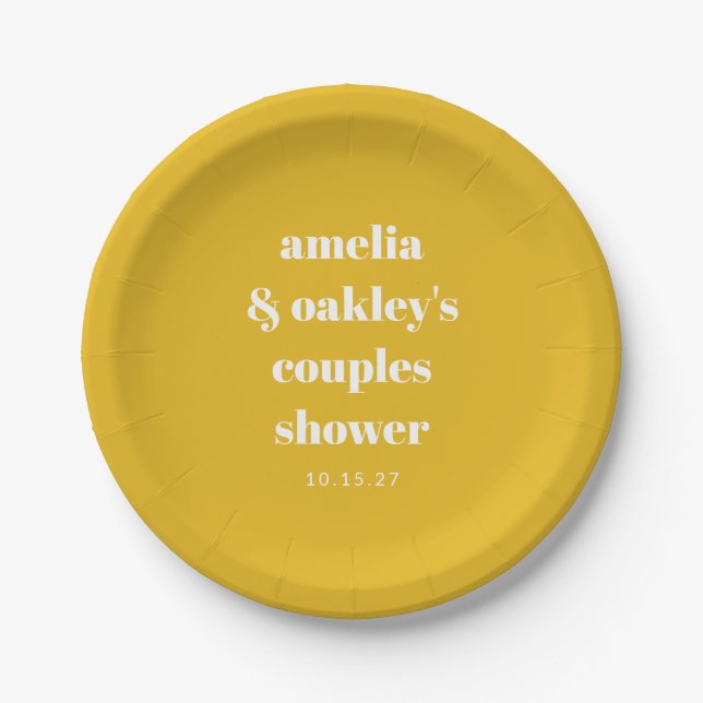 Yellow Minimalist Cute Custom Couples Shower Paper Plates (Front)