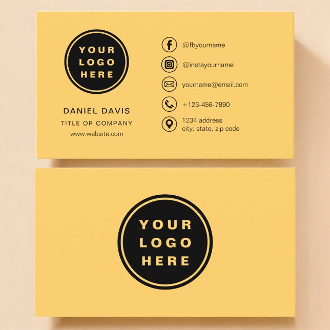 Yellow Minimalist Logo with Social Media Icons Business Card (Creator Uploaded)