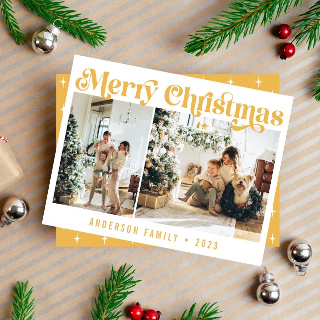 Yellow Minimalist Retro Christmas Two Photo Holiday Card (Creator Uploaded)