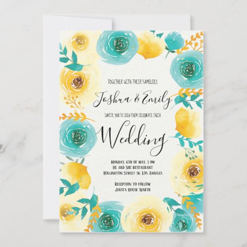 Yellow Mint blue Floral Wedding Invitation