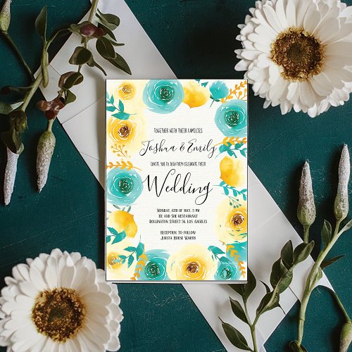 Yellow Mint blue Floral Wedding Invitation