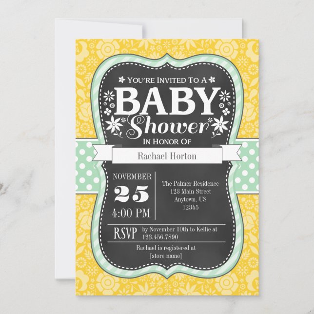 Yellow Mint Chalkboard Floral Baby Shower Invite (Front)