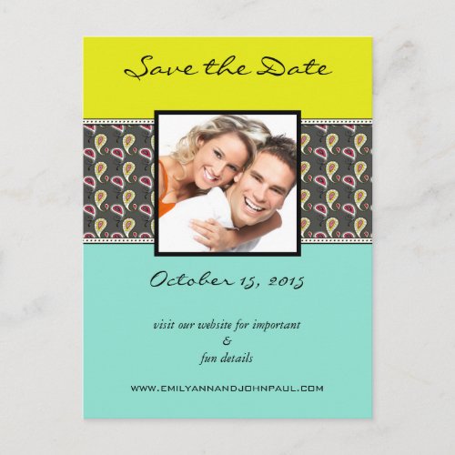 Yellow  Mint Paisley Photo Save The Date Announcement Postcard