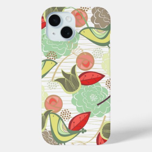 Yellow Mint Sweet Birds Floral Garden Blooms Chic iPhone 15 Case