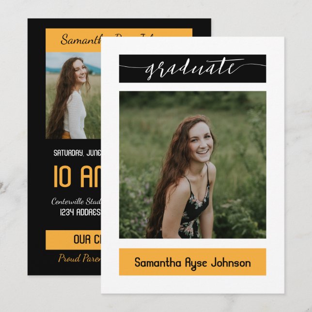 Yellow Modern Block 3-Photo Graduation Invitation (Front/Back)