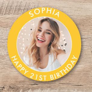 Yellow Modern Bright Happy 21st Birthday Photo Classic Round Sticker