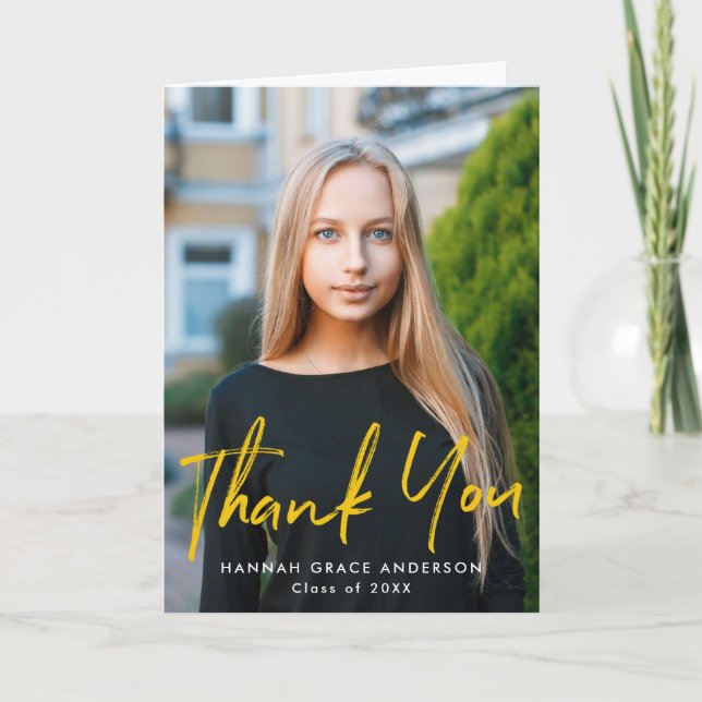 Yellow | Modern Brush Script Photo Graduation Letterpress Thank You Card (Front)