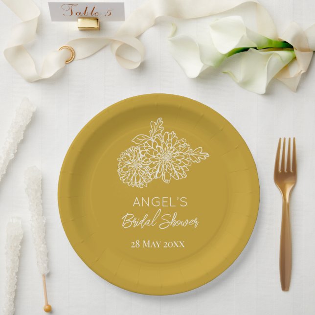 Yellow Modern  Chrysanthemums Bridal Shower Paper Plates (Wedding)