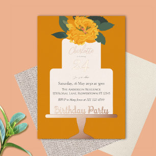 Yellow Modern  Floral Cake Birthday Party Gold  Foil Invitation