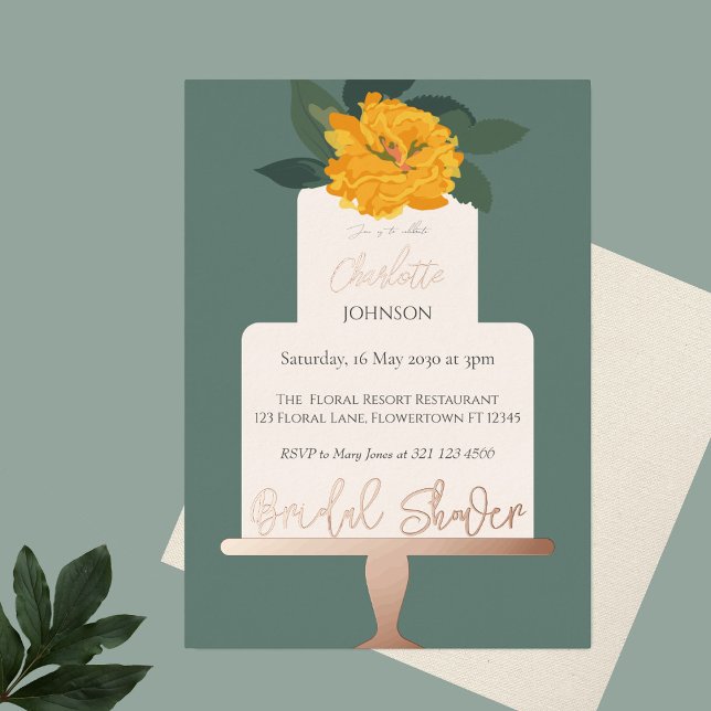Yellow Modern  Floral Cake Bridal Shower Gold Foil Invitation (Creator Uploaded)