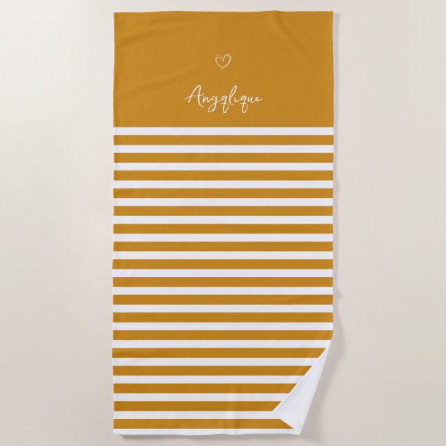 Yellow Modern Heart and Stripes Monongram   Beach Towel (Front)