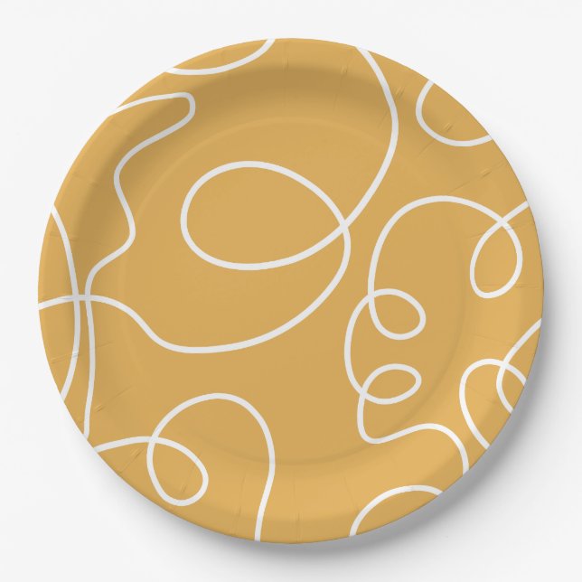 Yellow Modern Minimal Line Brush Strokes Paper Plates (Front)