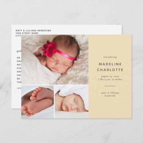 Yellow Modern Multi_Photo Birth Announcement Postcard