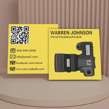 Yellow Modern Photographer Qr Code Square Business Card by ShabzDesigns at Zazzle