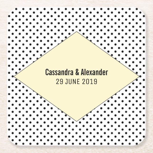 Yellow Modern Polka Dots Wedding Square Paper Coaster (Front)